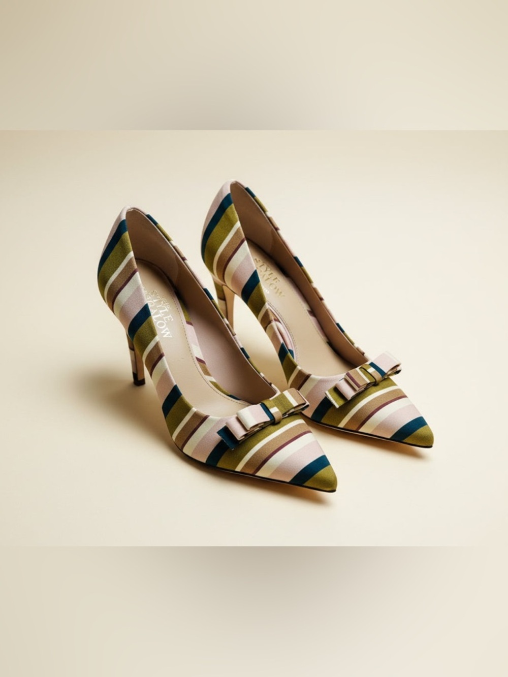 Striped Pointed-Toe High Heels with Bow - Multi-Color